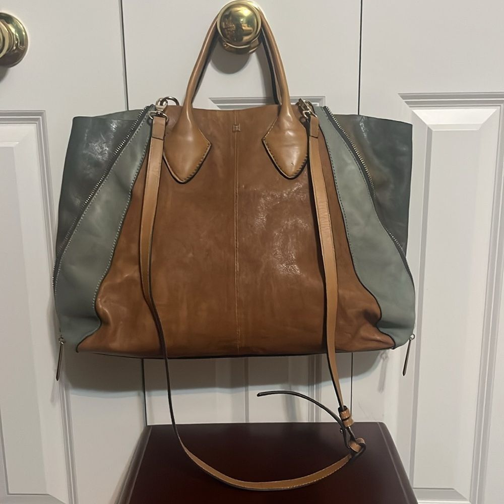 Pour La Victoire Brown Olive Green Leather Top Handle Crossbody Bag Tote RARE